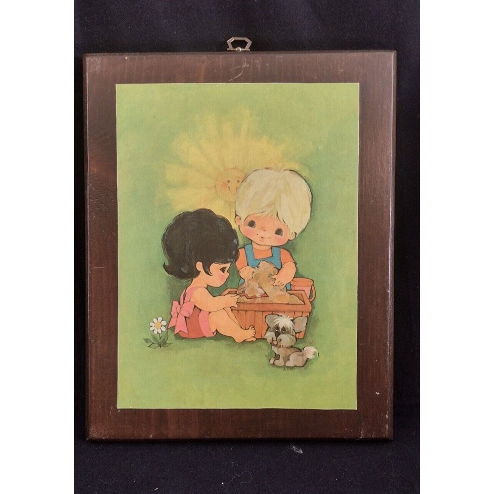 Kitchy Vintage 70s Art By J Hand On Wood Plaque Boy And Girl Bathing Puppies